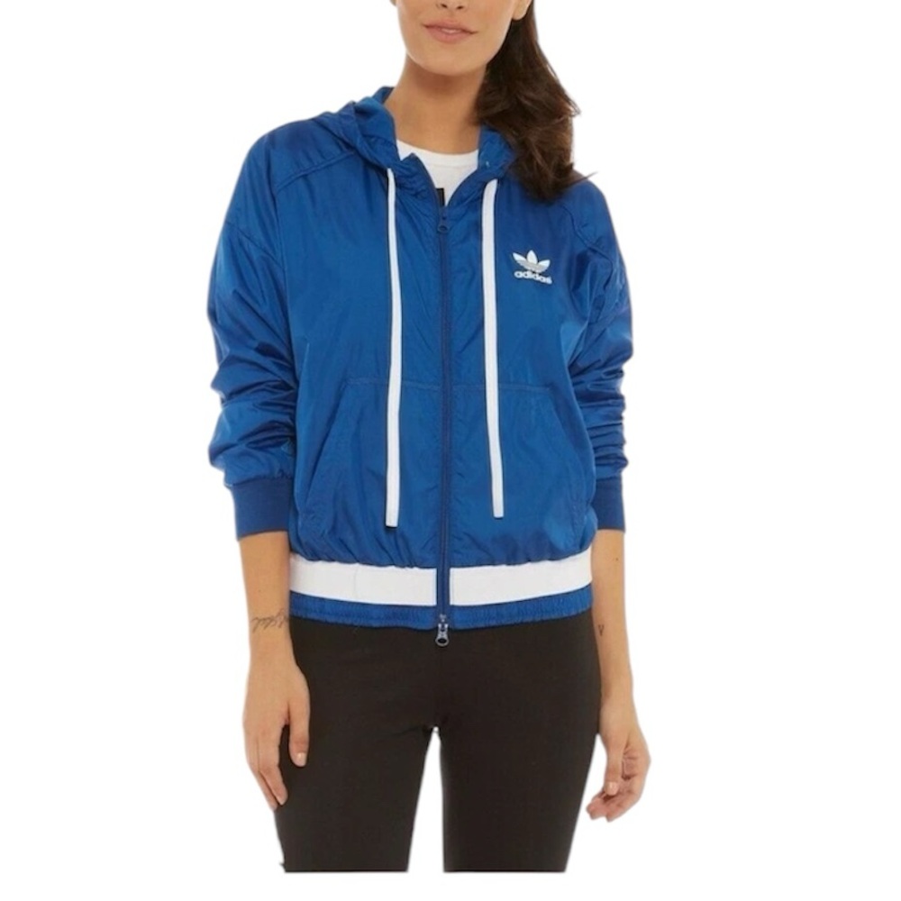 adidas Originals Running WB Hooded Zip Windbreaker Jacket Blue White Logo S